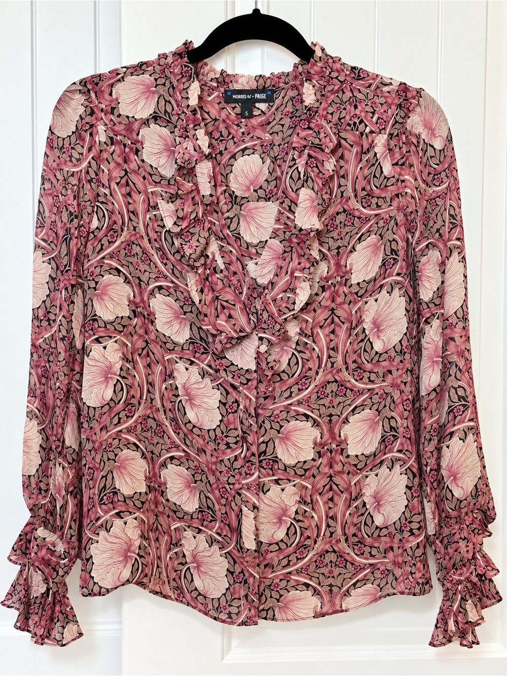 PAIGE 100% silk Floral Ruffle-Trim Blouse